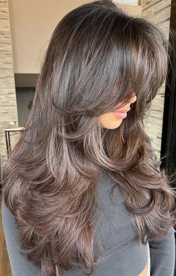 Espresso Brown With Soft Curls — Curtain Bangs Long Hair