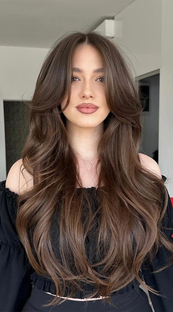 Medium Brown With Voluminous Curtain Bangs — Curtain Bangs Long Hair