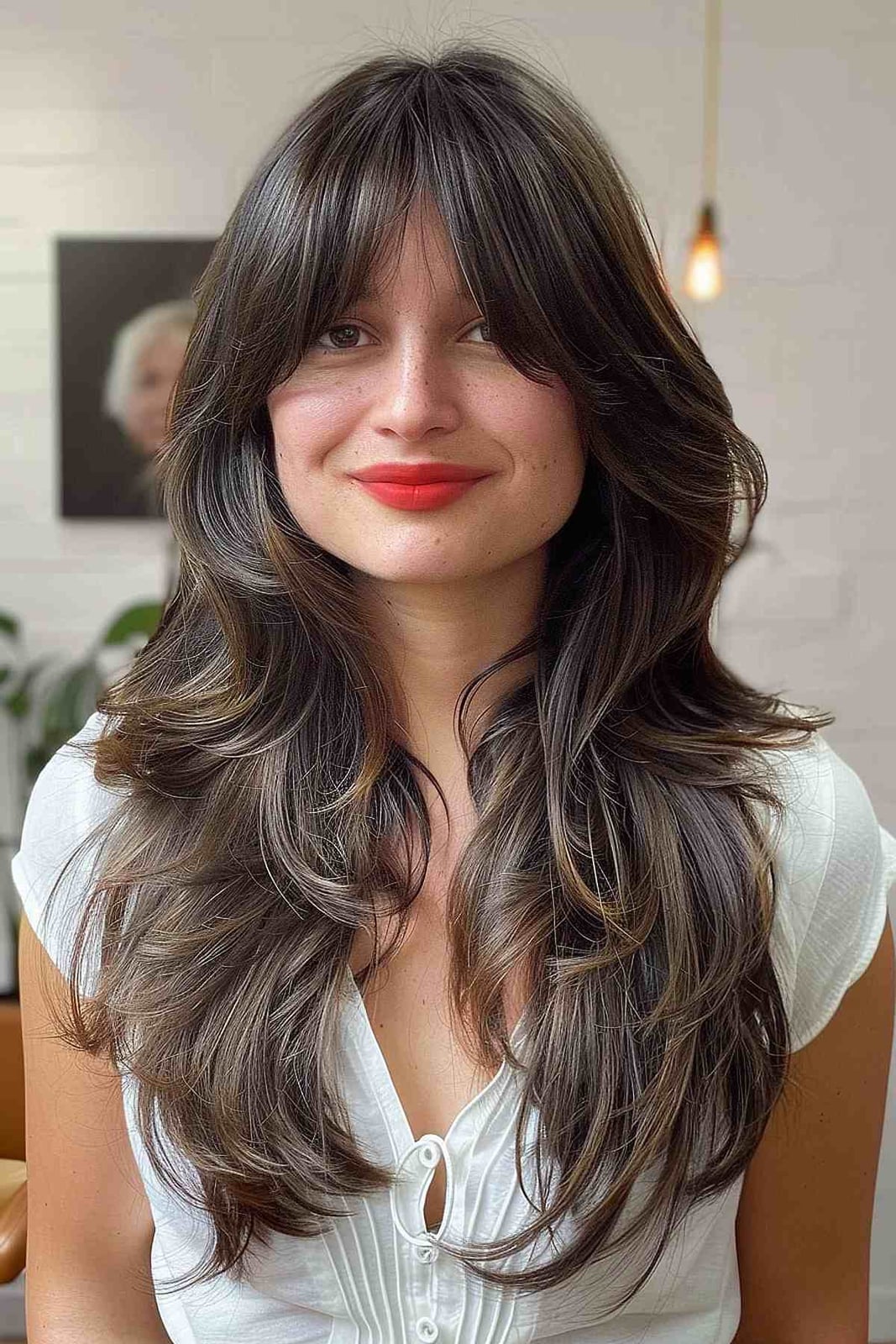 Dark Brown With Voluminous Blowout — Curtain Bangs Long Hair