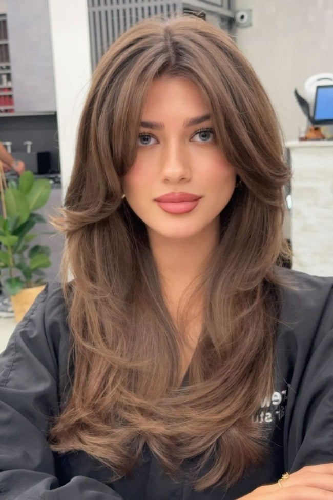 Ash Beige Brown With Glossy Waves — Curtain Bangs Long Hair