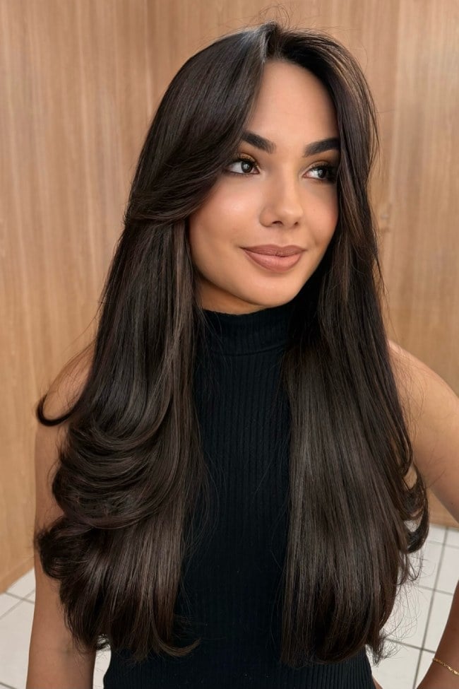 Dark Brown With Voluminous Soft Layers — Curtain Bangs Long Hair
