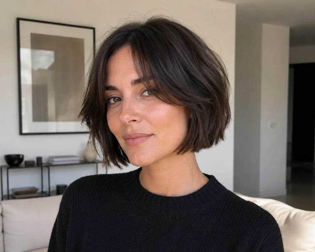 Chin Length Bob With Soft Curtain Bangs — Curtain Bangs Short