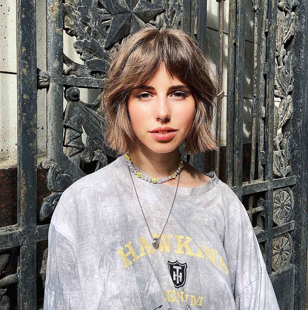 Brown Bob With Blonde Balayage, Chin — Curtain Bangs Short