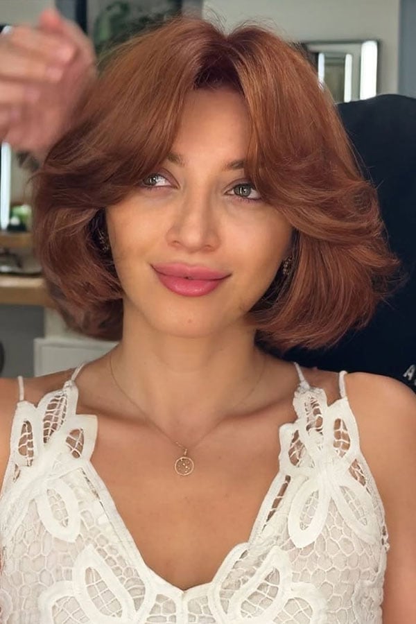 Copper Bob With Wavy Blowout — Curtain Bangs Short