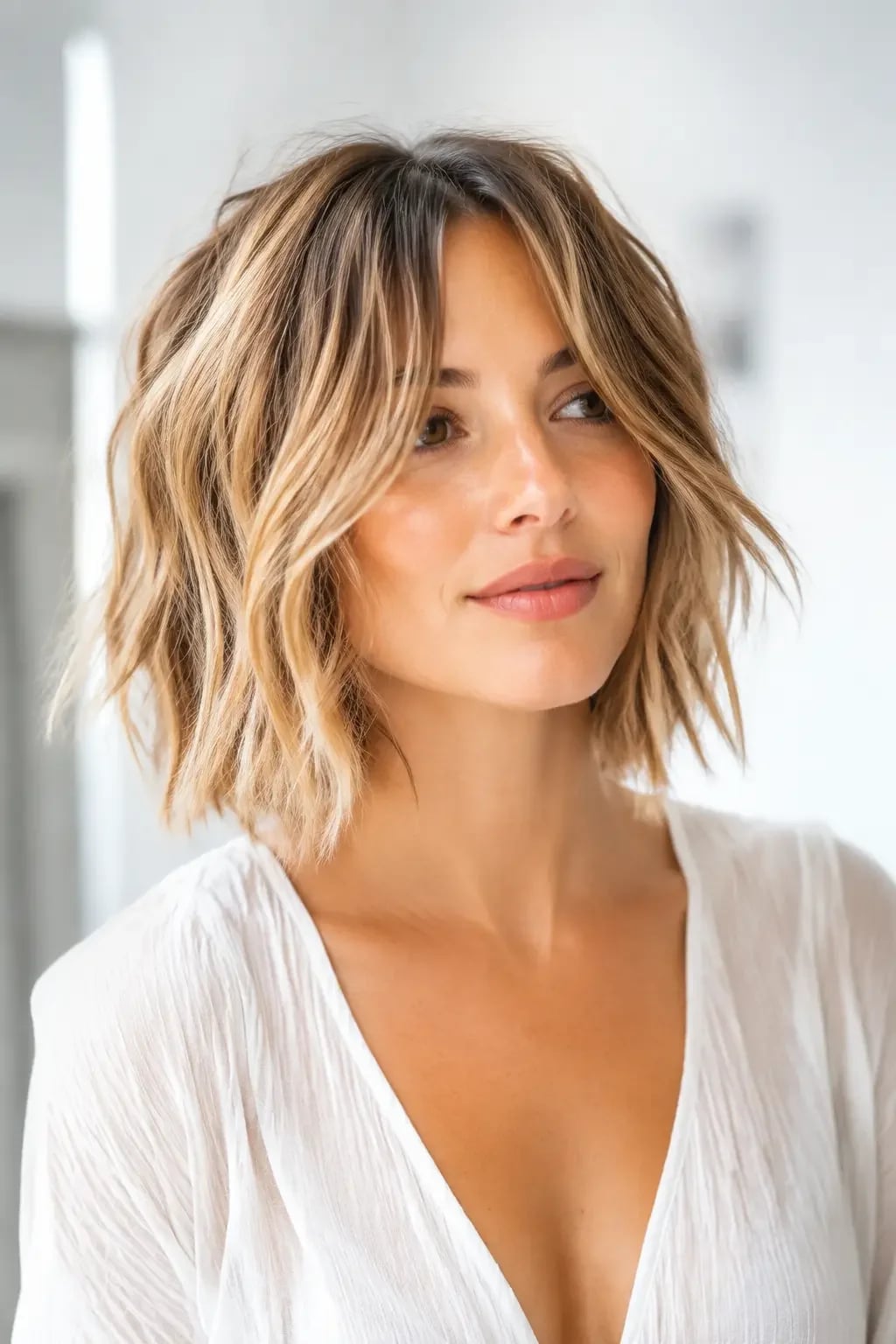 Collarbone Bob With Blonde Balayage, Wavy — Curtain Bangs Short