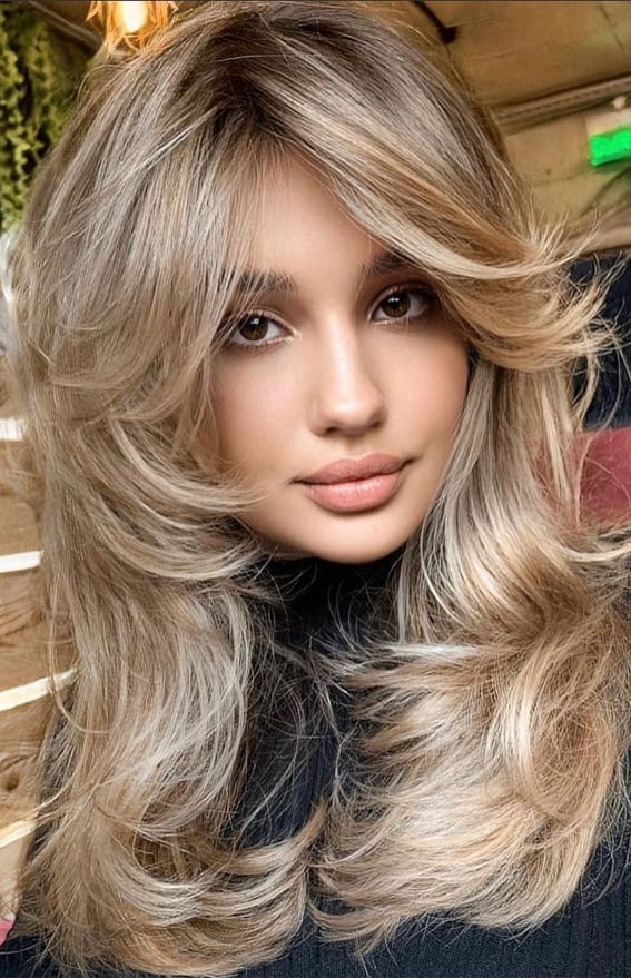 Light Blonde Mid-Back Style With Blended Bangs — Curtain Bangs with Layers