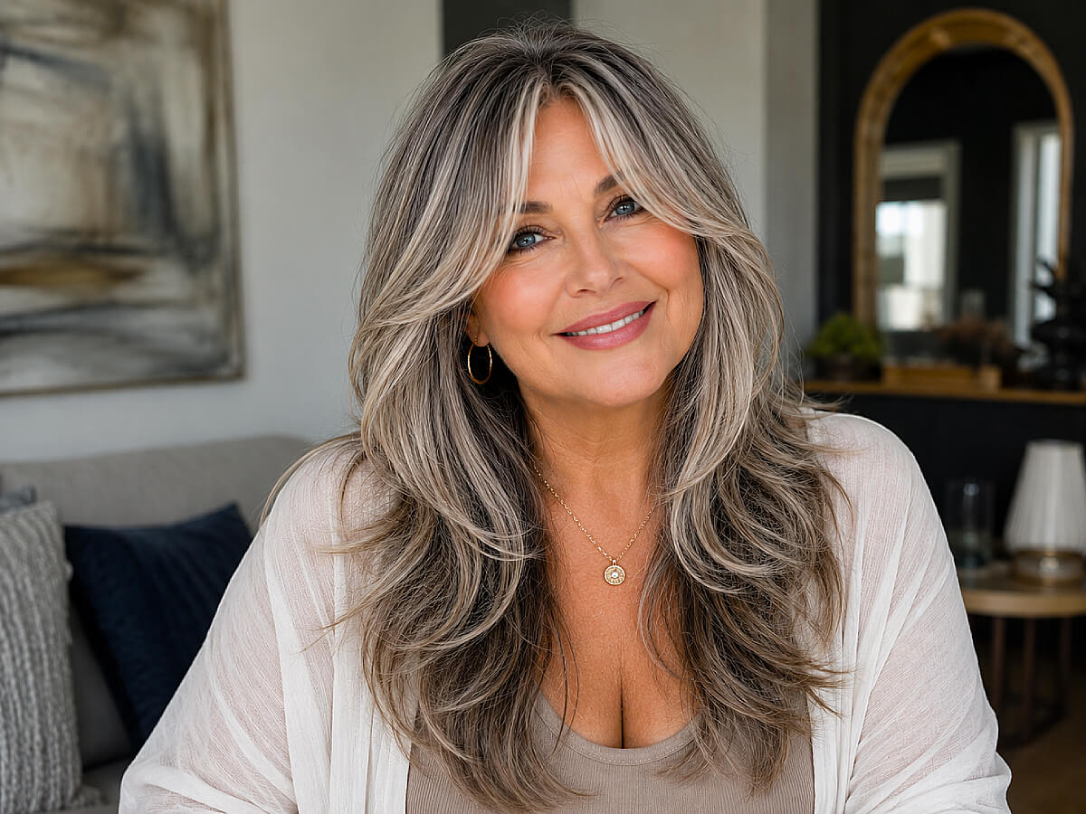Ash Blonde Mid-Back With Gray Highlights — Curtain Bangs with Layers