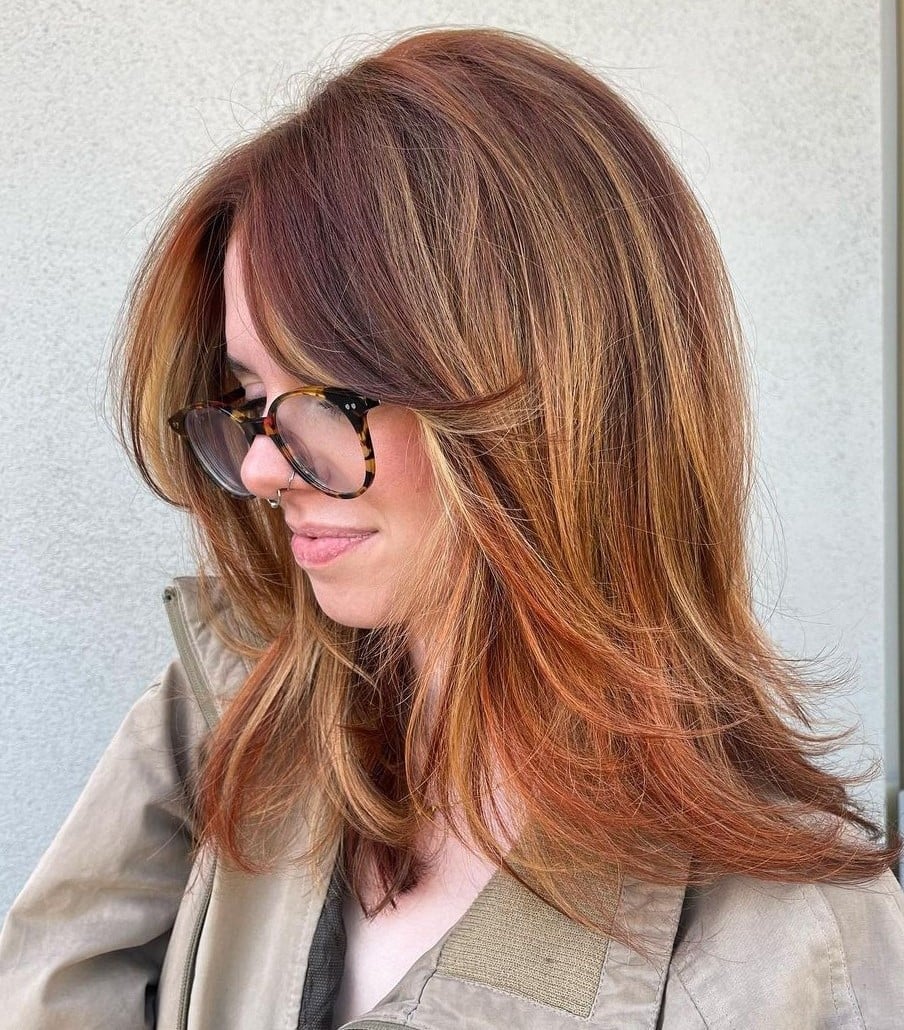 Collarbone Brown With Auburn Highlights — Curtain Bangs with Layers