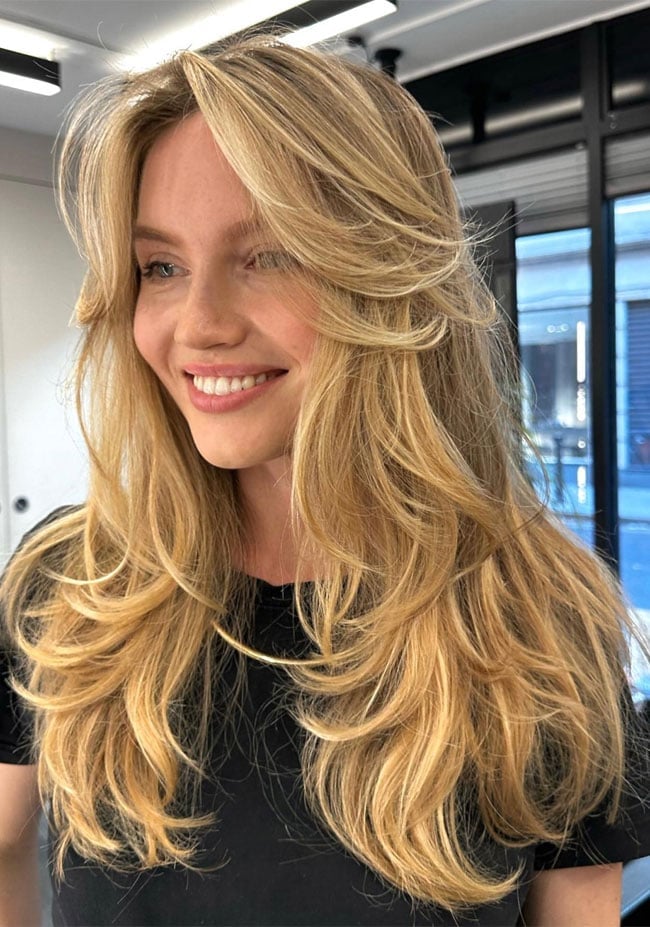 Blonde Mid-Back With Flowing Layers And Bangs — Curtain Bangs with Layers