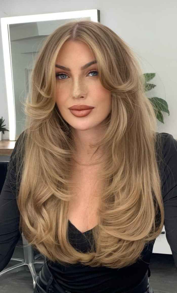 Honey Beige Blonde Mid-Back Cut With Curtain Bangs — Curtain Bangs with Layers