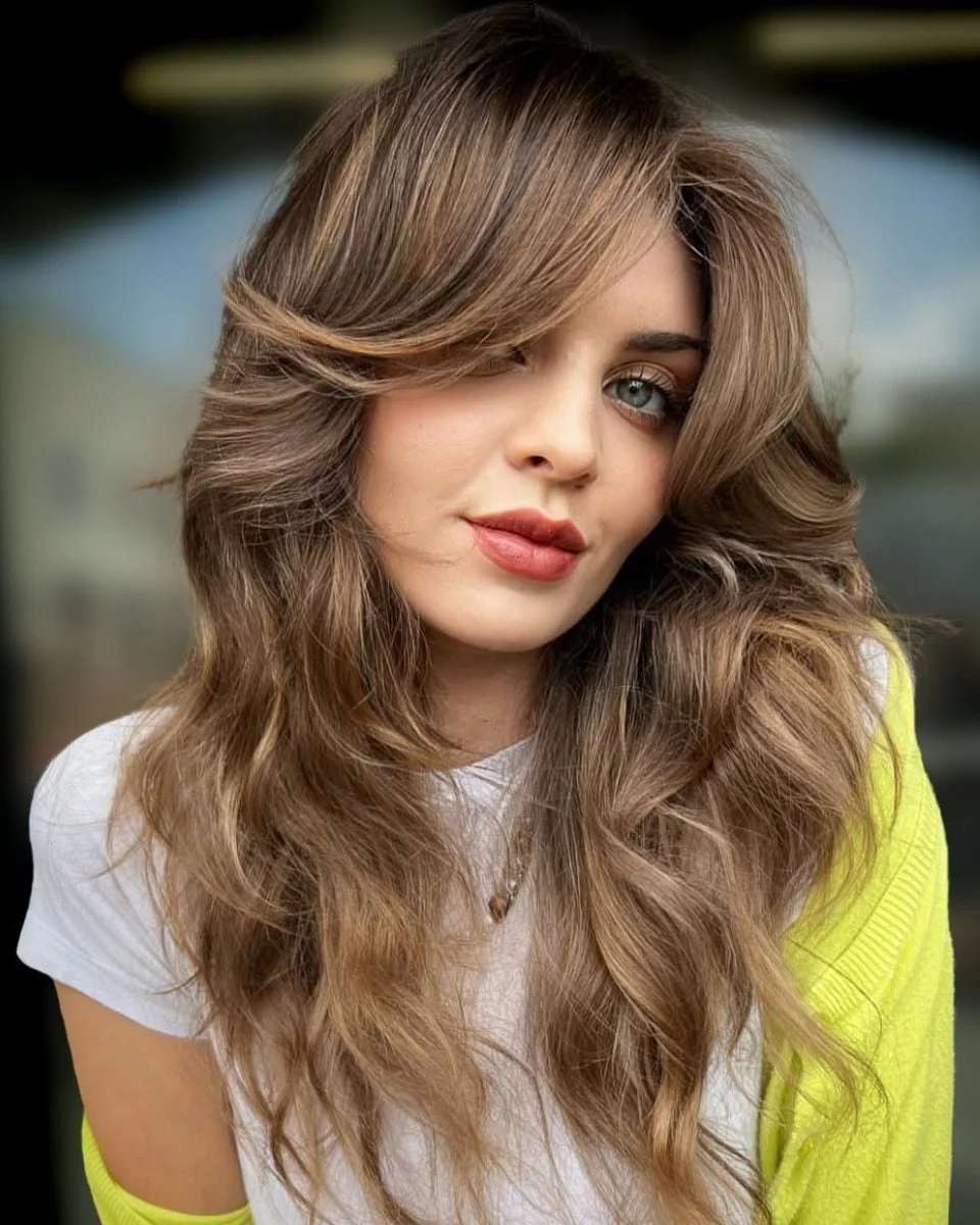 Brown Mid-Back With Blonde Highlights Air-Dried — Curtain Bangs with Layers