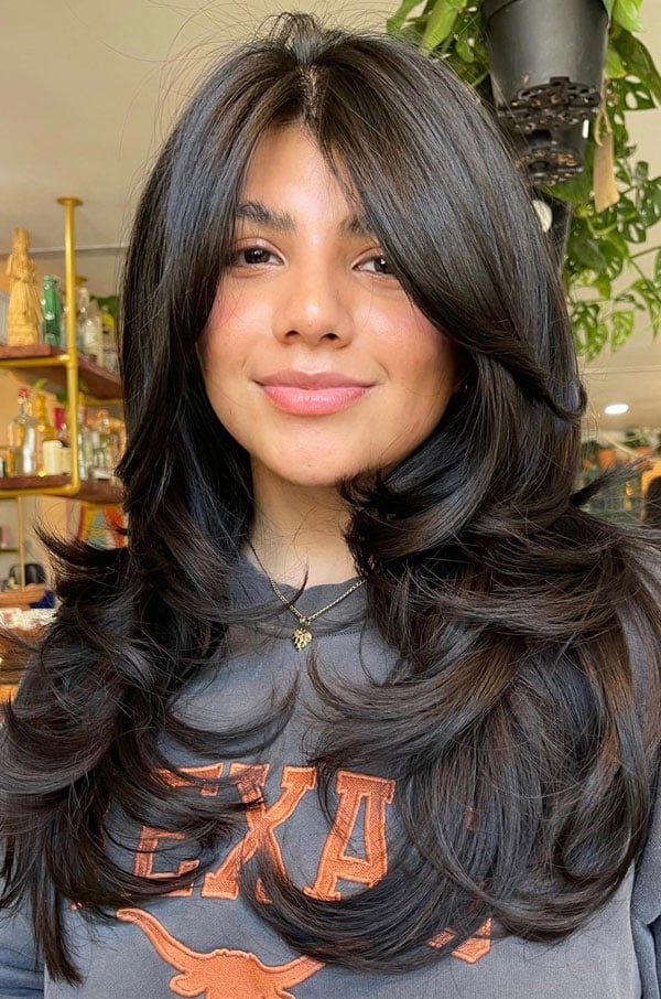 Collarbone Dark Brown With Voluminous Layers, Wavy — Curtain Bangs with Layers