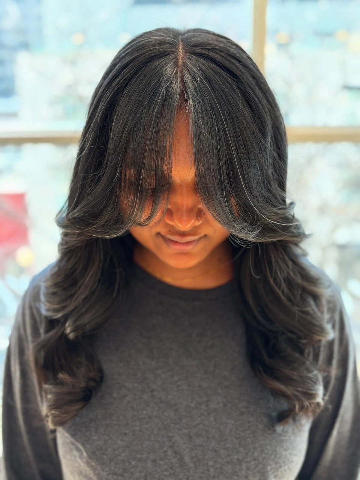 Dark Gray Mid-Back With Silver Highlights — Curtain Bangs with Layers