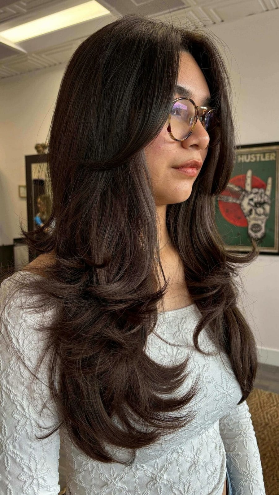 Dark Brown Mid-Back With Flowing Layers — Curtain Bangs with Layers