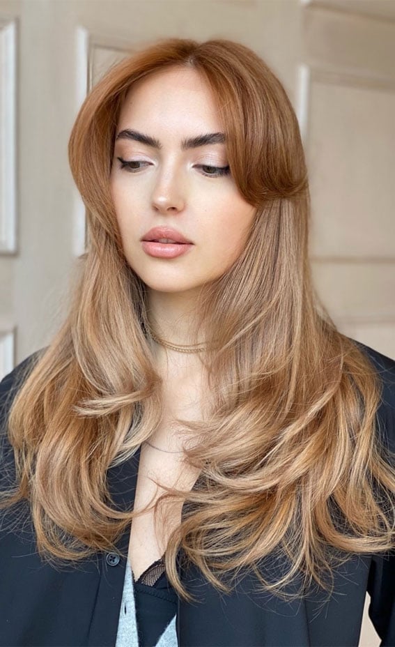 Strawberry Beige Blonde Shoulder Cut With Bangs — Curtain Bangs with Layers