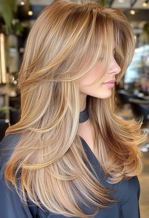 Golden Blonde Mid-Back Layers With Sweeping Bangs — Curtain Bangs with Layers