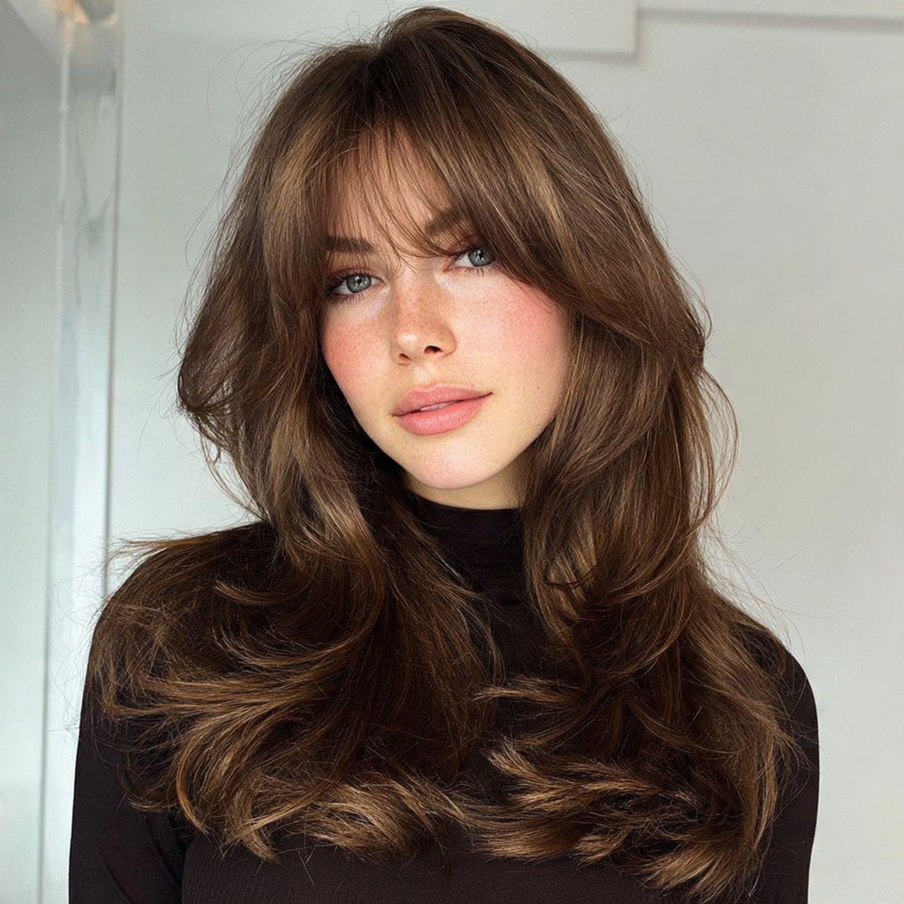 Dark Brown Layered Hair With Voluminous Bangs — Curtain Bangs with Layers