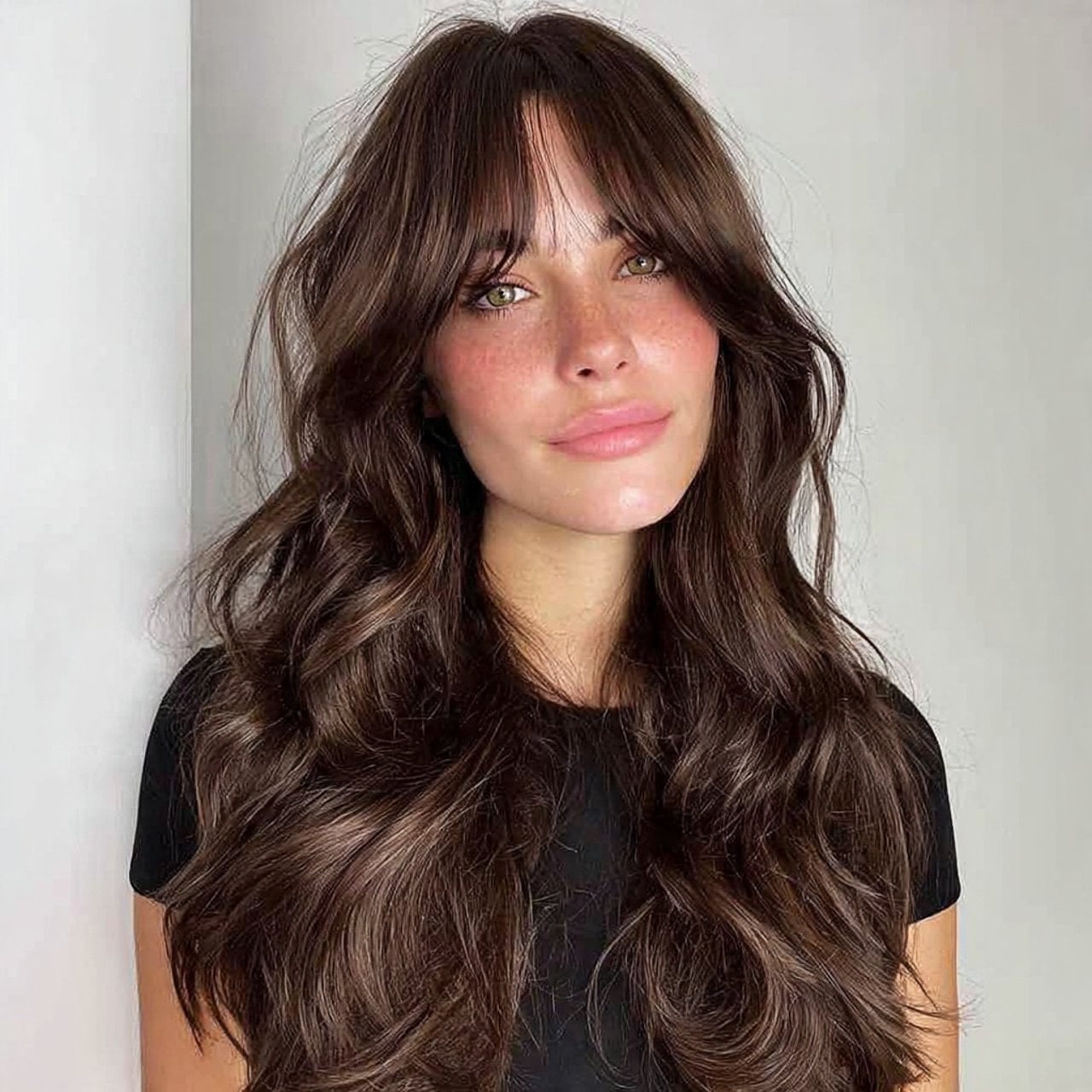 Air-Dried Dark Brown Waves With Lived-In Bangs — Curtain Bangs with Layers