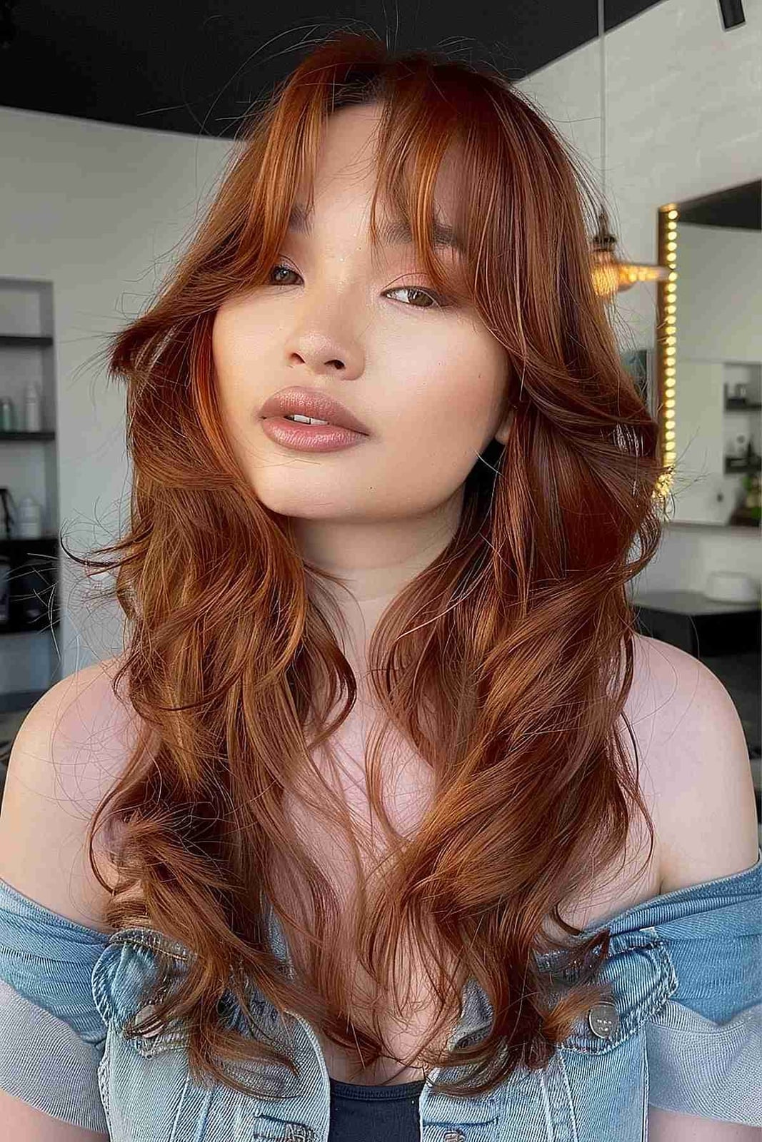 Copper Collarbone Cut With Voluminous Bangs — Curtain Bangs with Layers