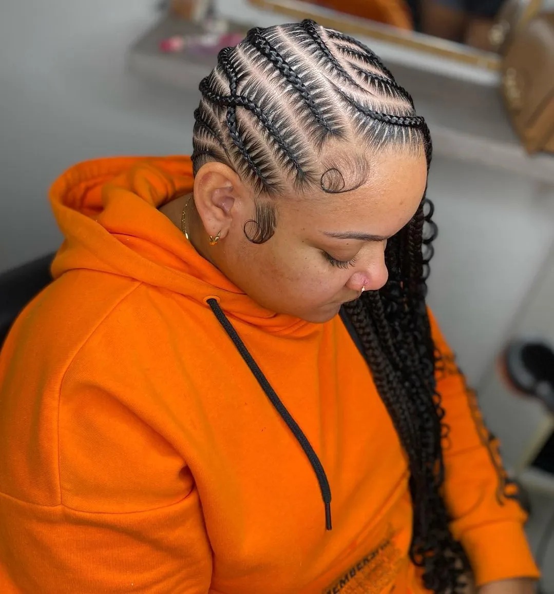 Curved Feed-In Cornrows With Curly Ends