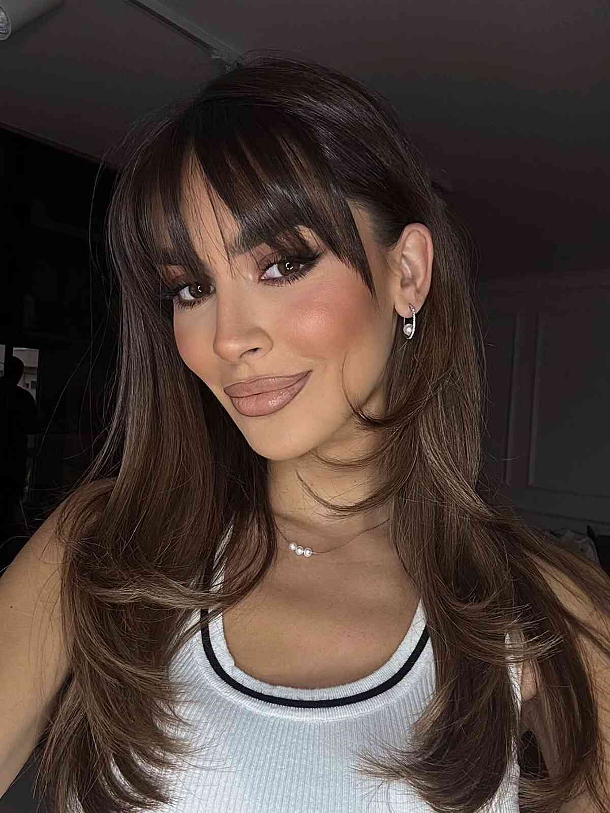 Mid-Back Layers With Dark Blonde Balayage Curtain Bangs — Cut Bangs