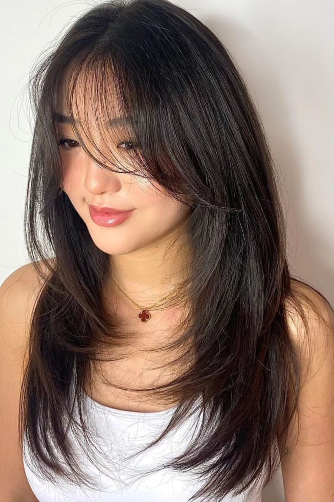 Mid-Back Layers With Glossy Dark Brown Curtain Bangs, Wavy — Cut Bangs