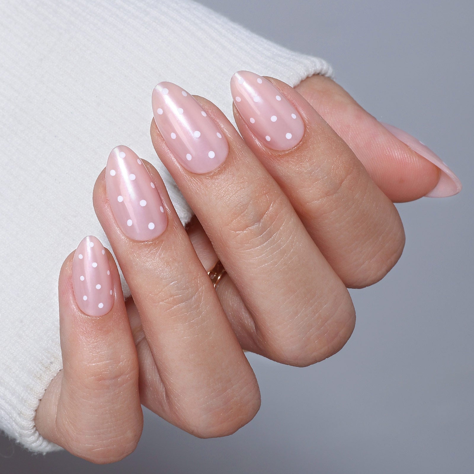 Pearlescent Pale Pink Polka Dot Short Almond Nails — Cute Almond Nails