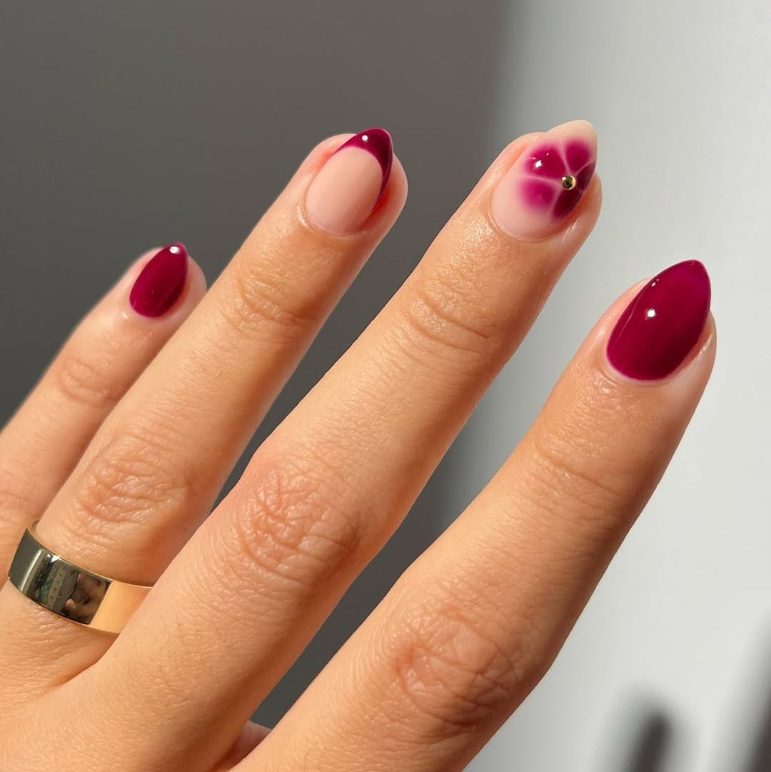 Deep Red Half Moon French Tip Flower Accent Medium Almond Nails — Cute Almond Nails