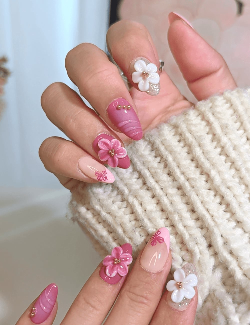 Nude Pink French Tip 3D Floral Medium Almond Nails — Cute Almond Nails