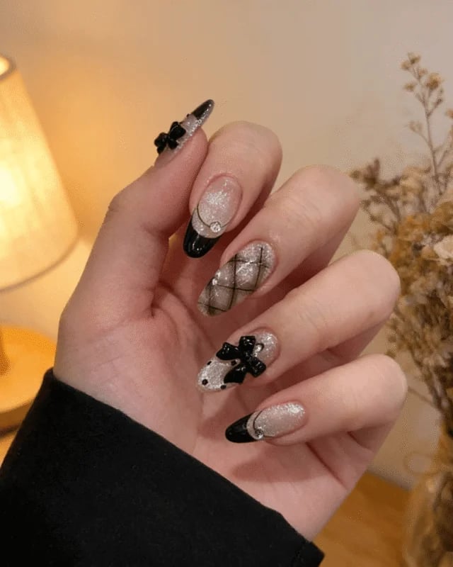 Nude Black Glitter Bow Grid Pattern Long Almond Nails — Cute Almond Nails