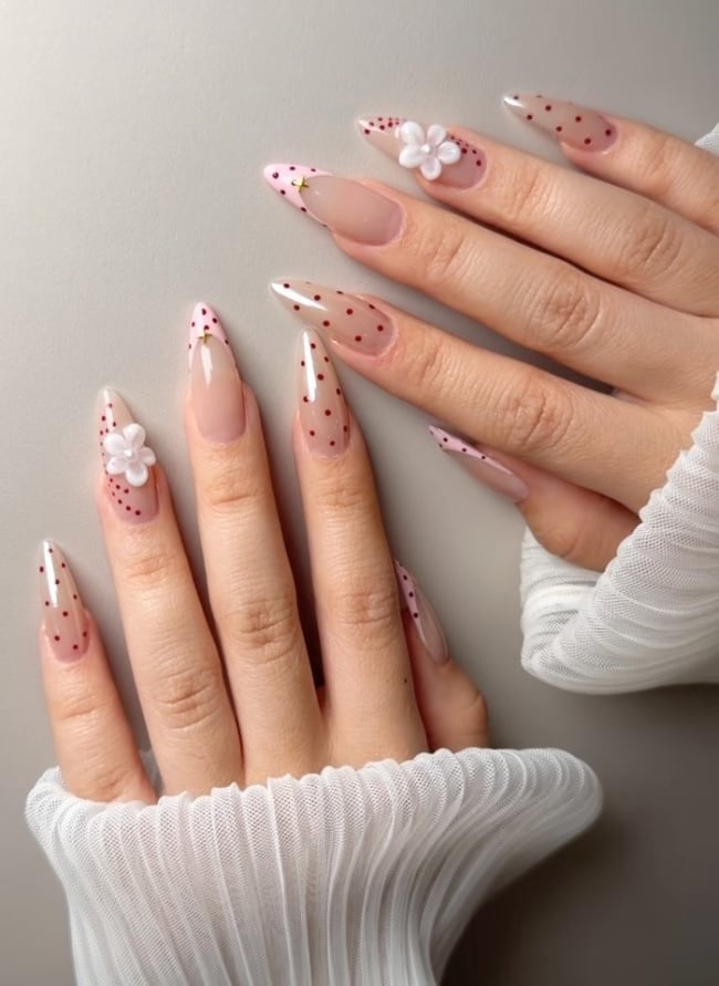 Sheer Pink Polka Dot 3D Flower Long Almond Nails — Cute Almond Nails