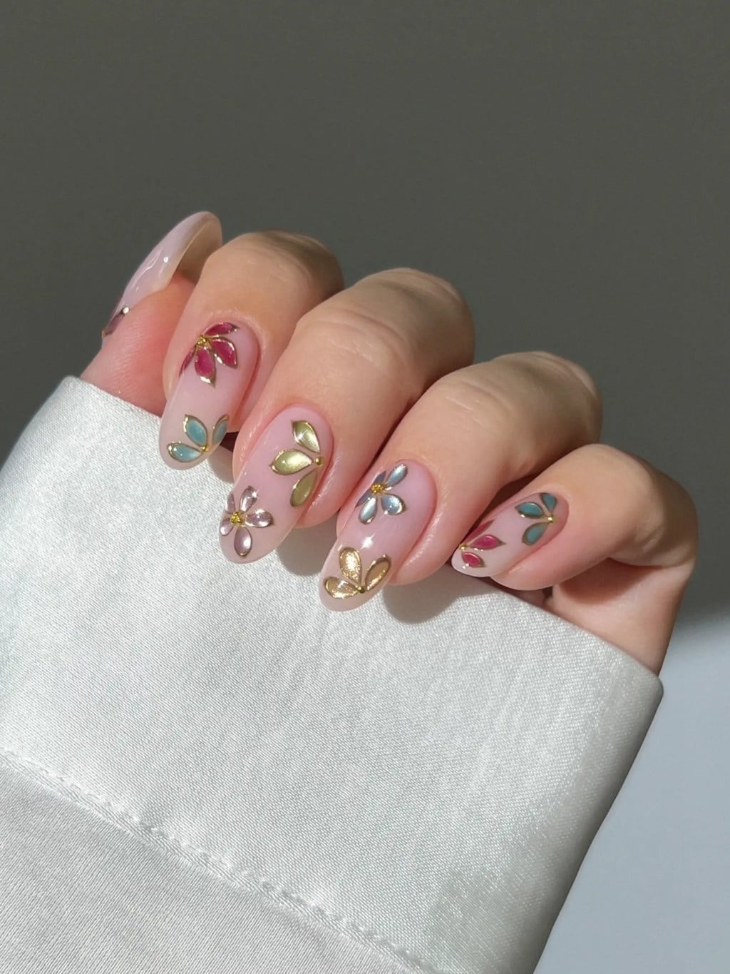 Nude Base 3D Floral Gold Stud Long Almond Nails — Cute Almond Nails