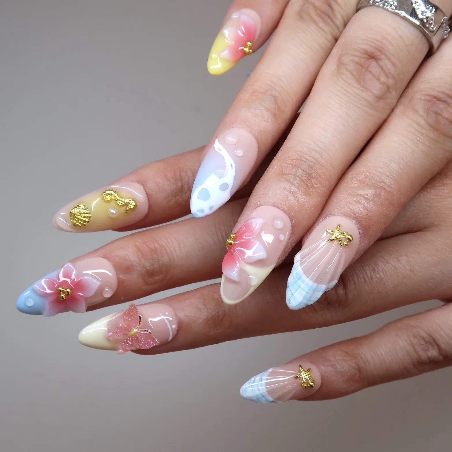 Clear Base Pastel Floral Charm Long Almond Nails — Cute Almond Nails
