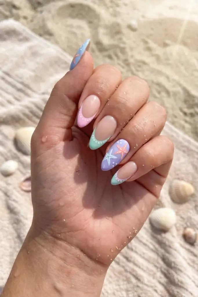 Nude Pastel French Tip Starfish Long Almond Nails — Cute Almond Nails