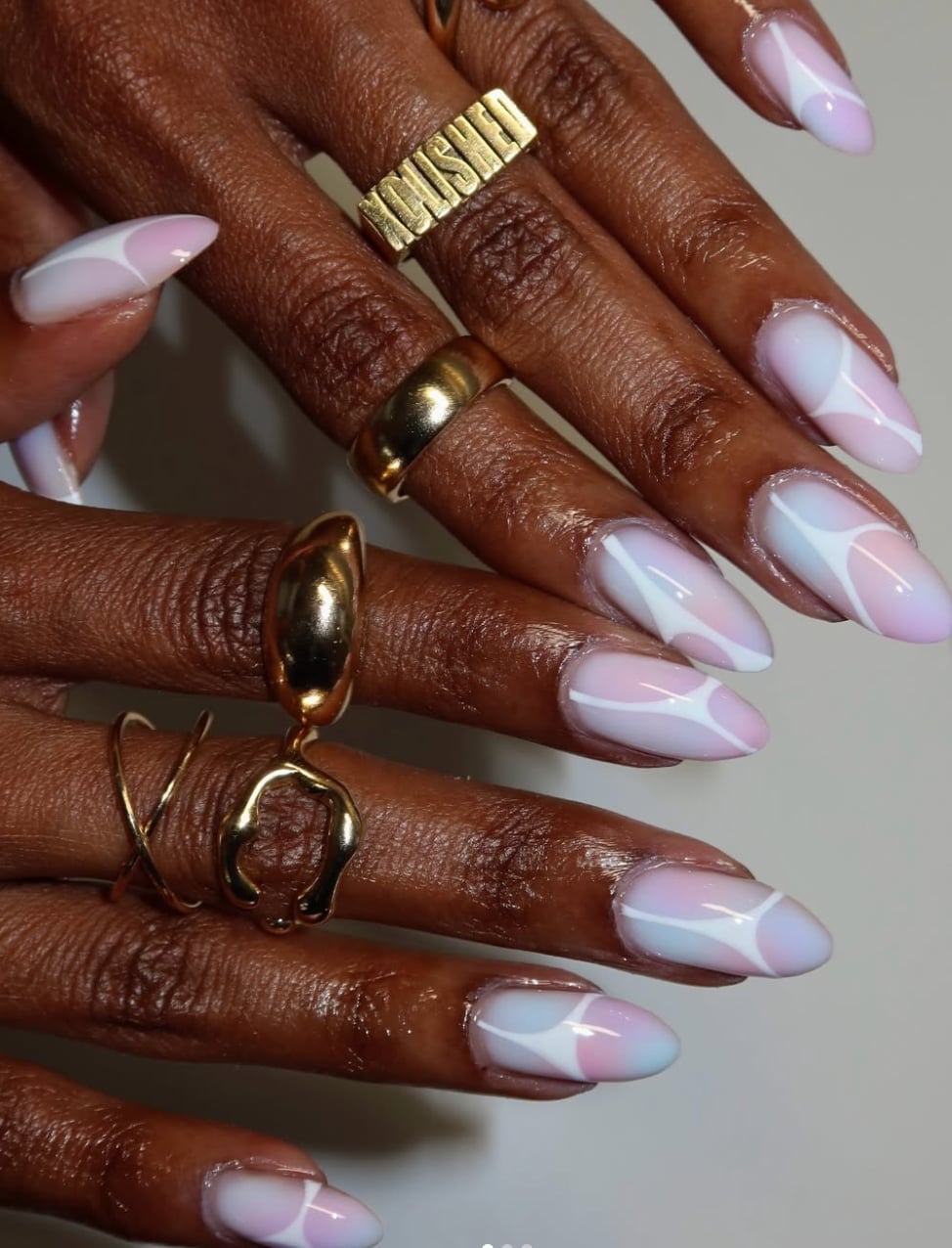 Pale Pink Light Blue Gradient Abstract White Line Long Almond Nails — Cute Almond Nails
