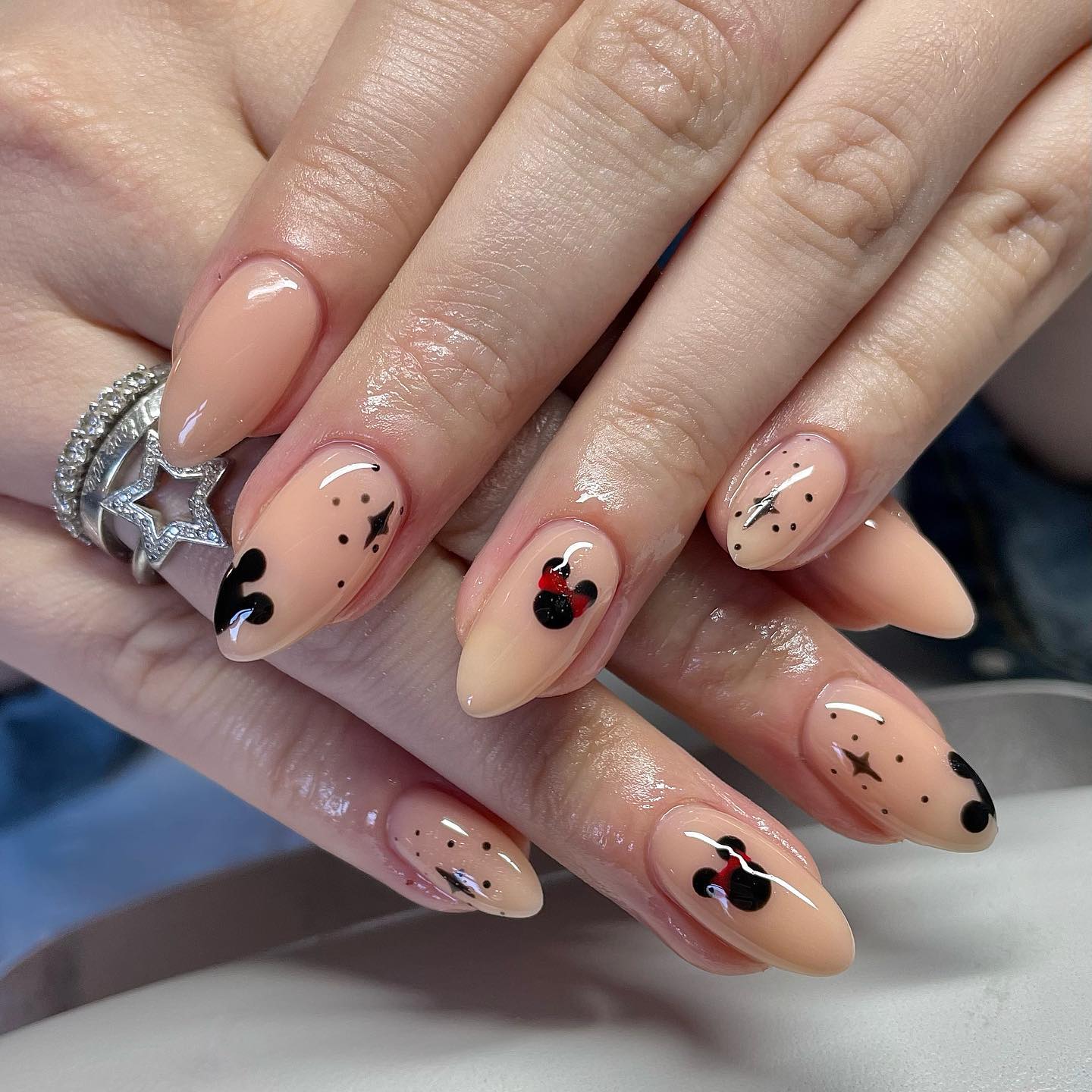 Nude Base Mickey Mouse Star Dot Long Almond Nails — Cute Almond Nails