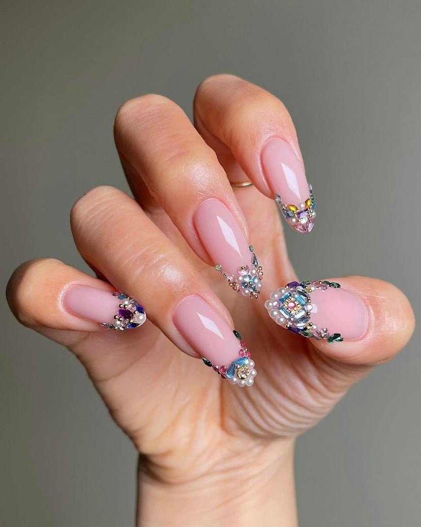 Soft Pink Rhinestone Pearl Bead Embellished French Tip Long Almond — Cute Almond Nails