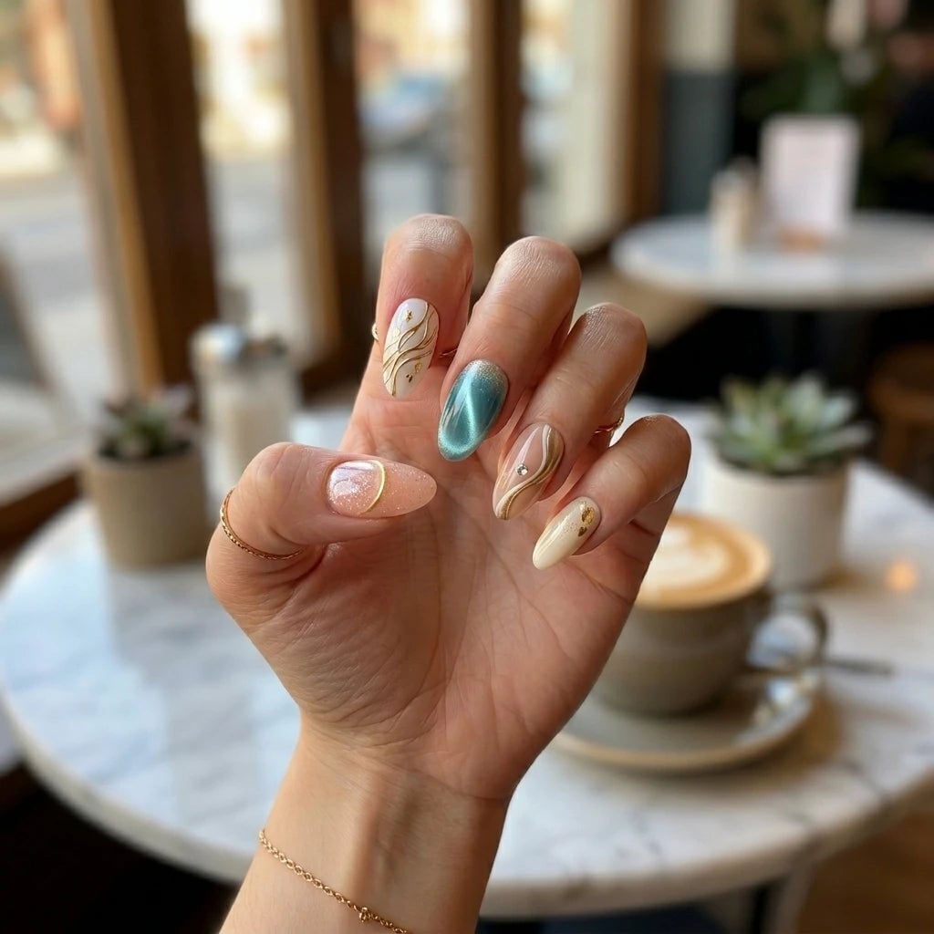 Teal Cat Eye Gold Foil Gem Medium-Long Almond Nails — Cute Almond Nails