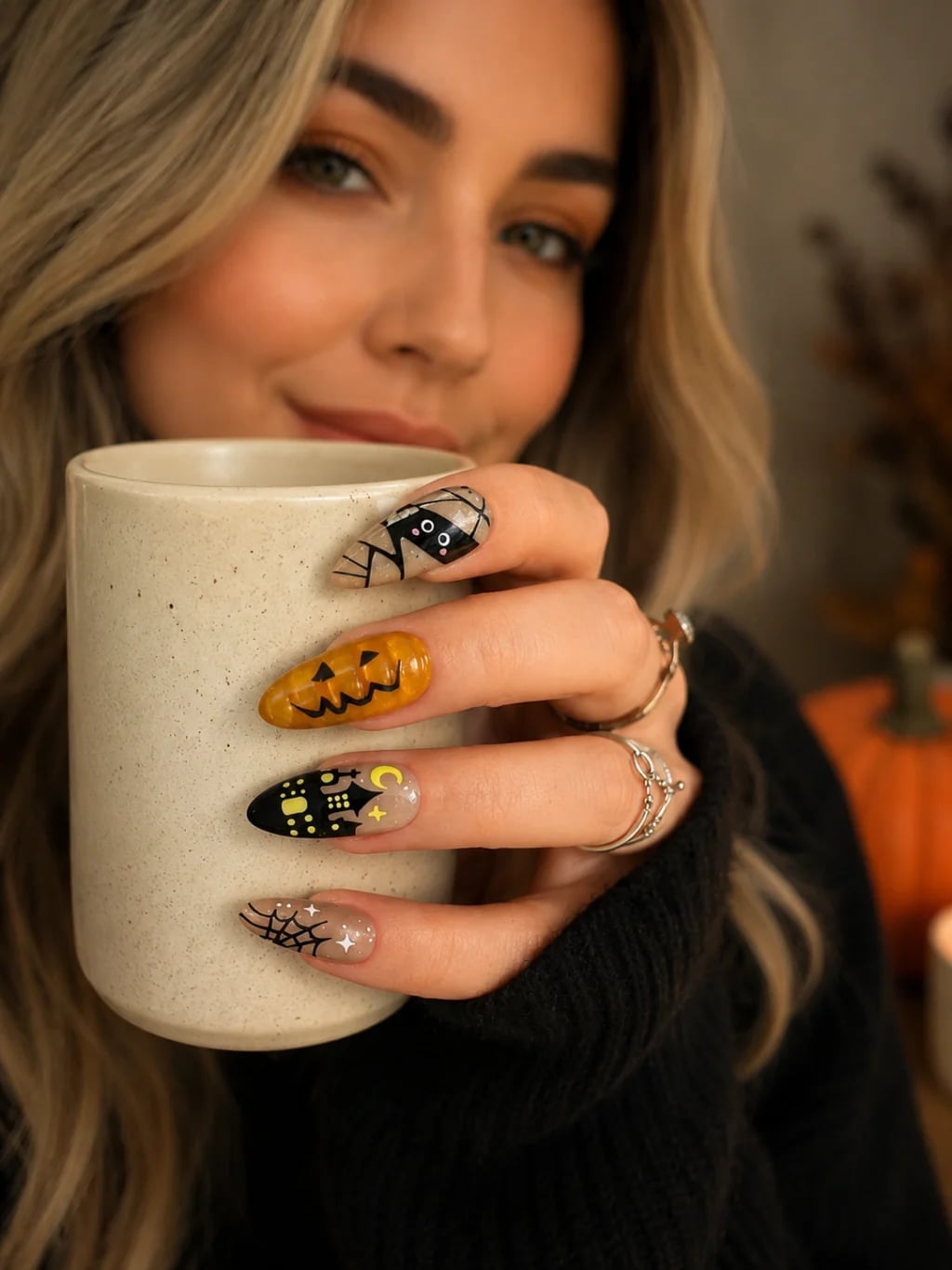 Halloween Themed Mixed Finish Long Almond Nails — Cute Almond Nails