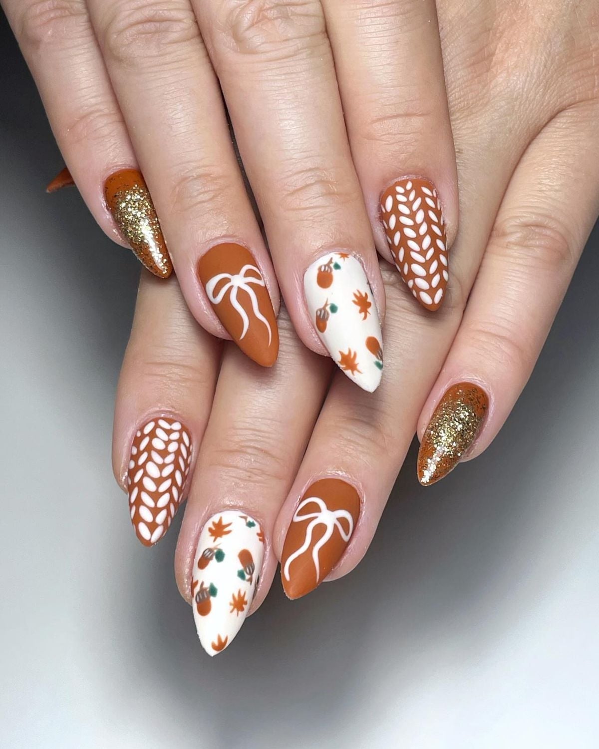 Fall Themed Matte Brown Bow Pumpkin Sweater Knit Long Almond Nails — Cute Almond Nails