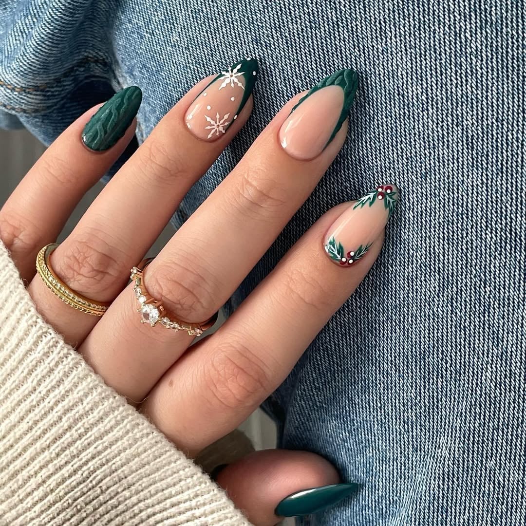 Deep Green Nude Winter Motif Matte Glossy Long Almond Nails — Cute Almond Nails