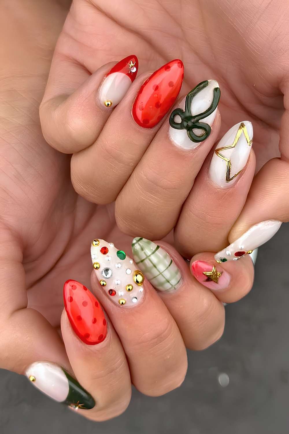 Christmas Themed Mixed Finish Medium Almond Nails — Cute Almond Nails