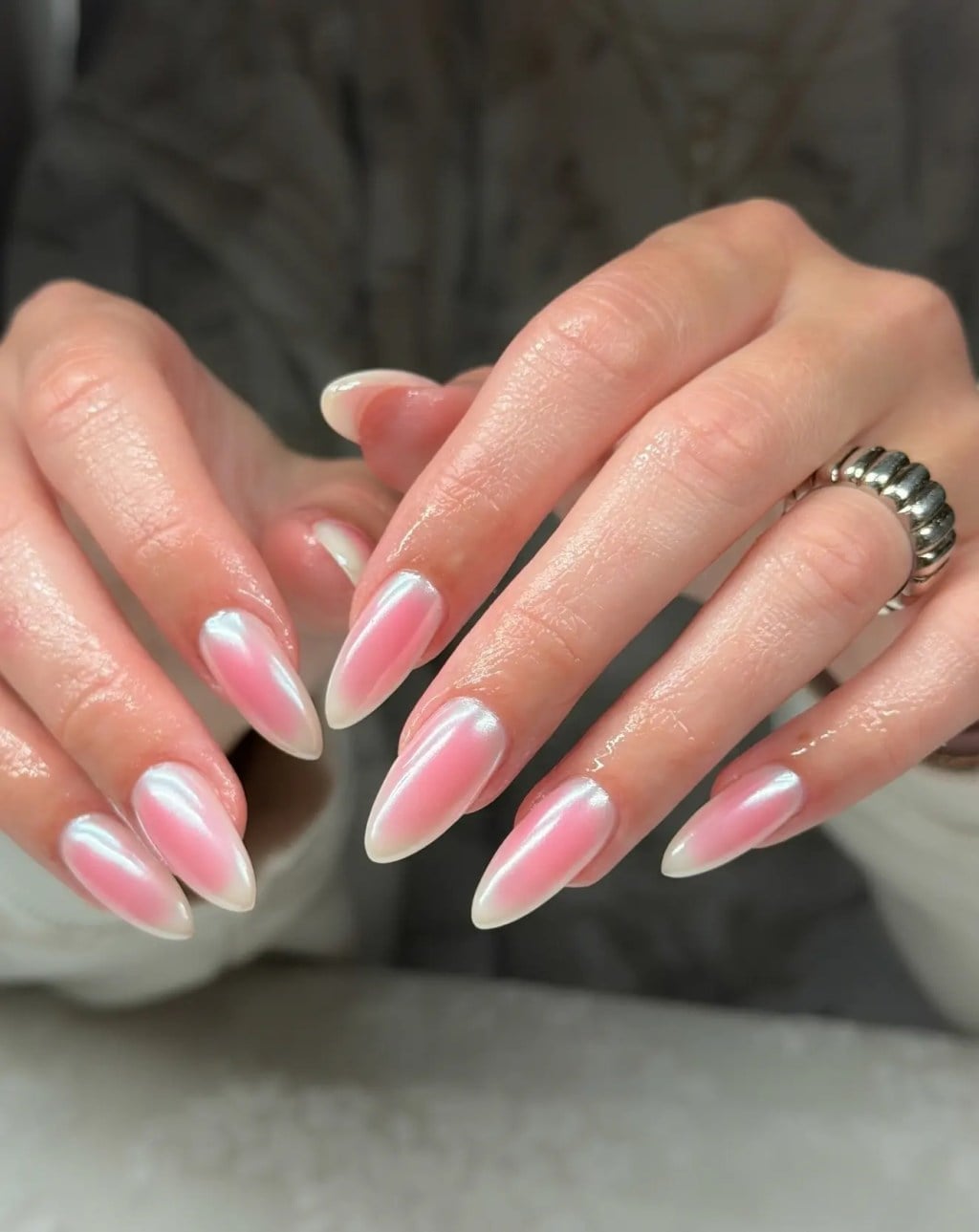 Pink White Iridescent Chrome Long Almond Nails — Cute Almond Nails