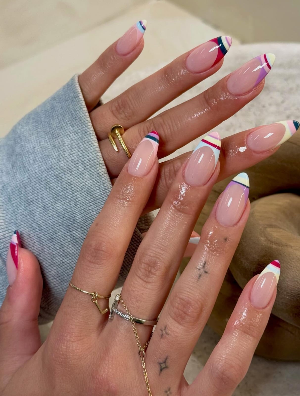 Nude Pink Geometric Stripe Multi-Color French Tip Long Almond Nails — Cute Almond Nails
