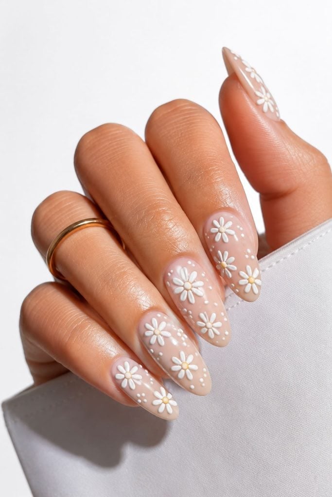 Nude Base 3D White Daisy Medium Almond Nails — Cute Almond Nails