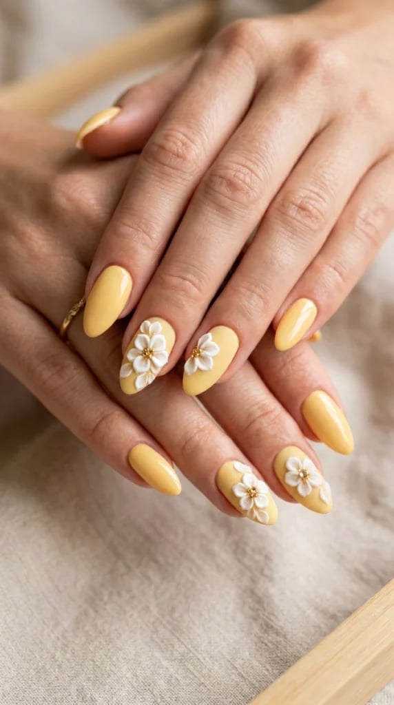 Matte Soft Yellow 3D Floral Accent Medium Almond Nails — Cute Almond Nails