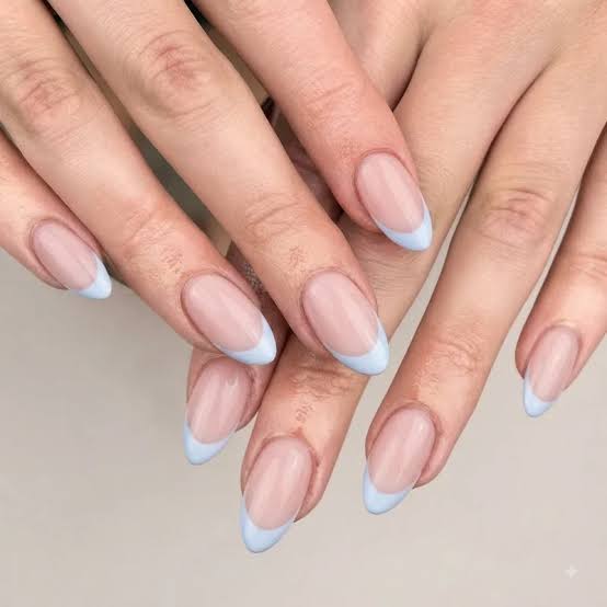 Sheer Pink Pastel Blue French Tip Medium Almond Nails — Cute Almond Nails