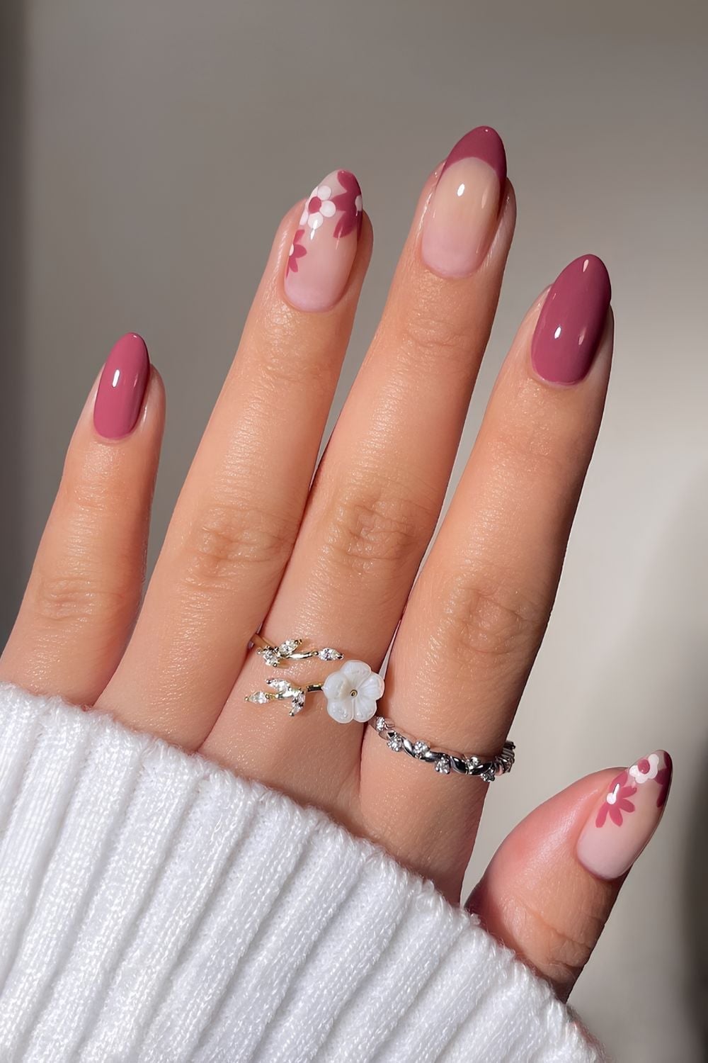 Mauve and French Tip Floral Accent Medium Almond Nails — Cute Almond Nails