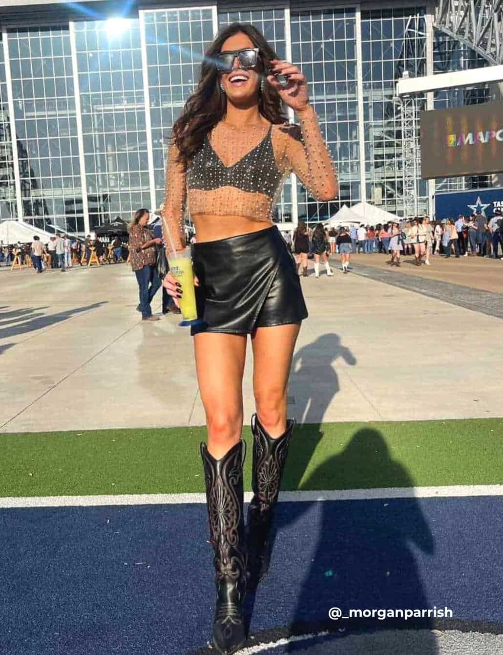 Rhinestone Embellished Sheer Top with Faux Leather, Close-Up Take — Cute Concert Outfit
