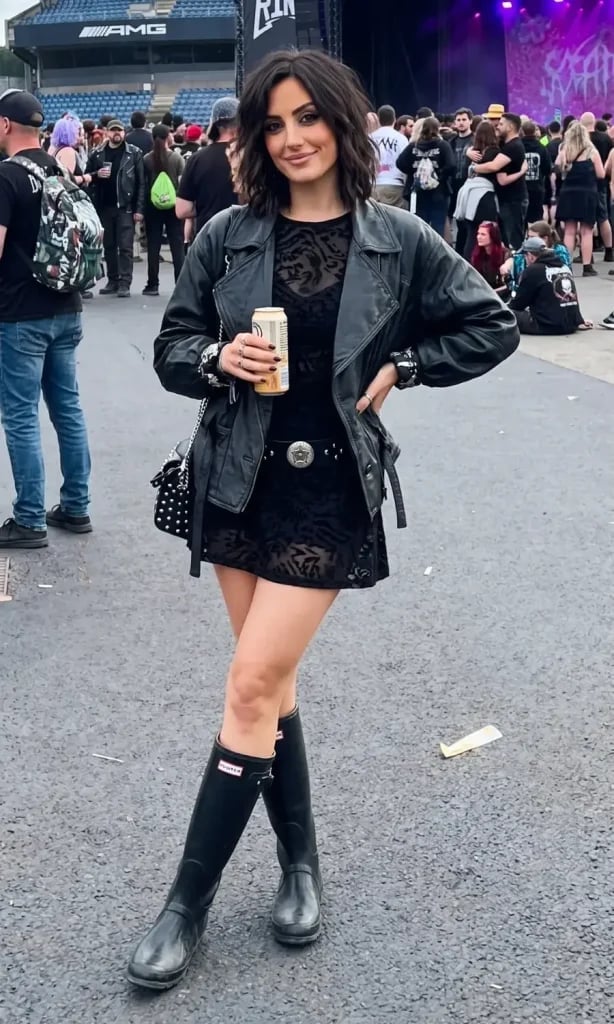 Leather Jacket Over Sheer Patterned Dress, Office-Safe Version — Cute Concert Outfit